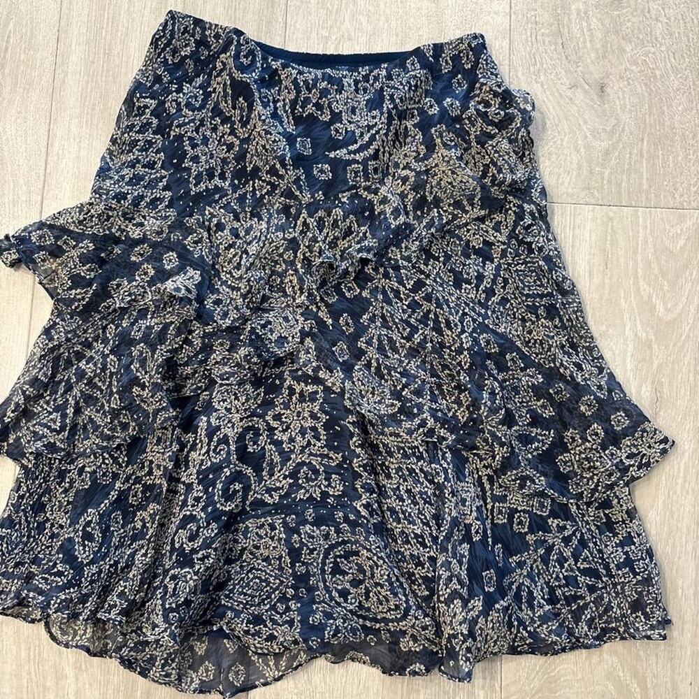 Lauren Ralph Lauren navy blue silk ruffle midi skirt.